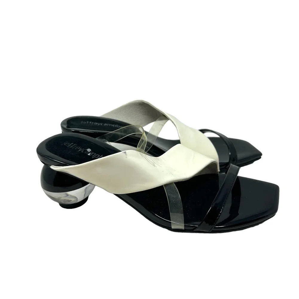 Jeffrey Campbell Laterall Ball Heel Slide Sandal Black Patent/ White/ Clear 5